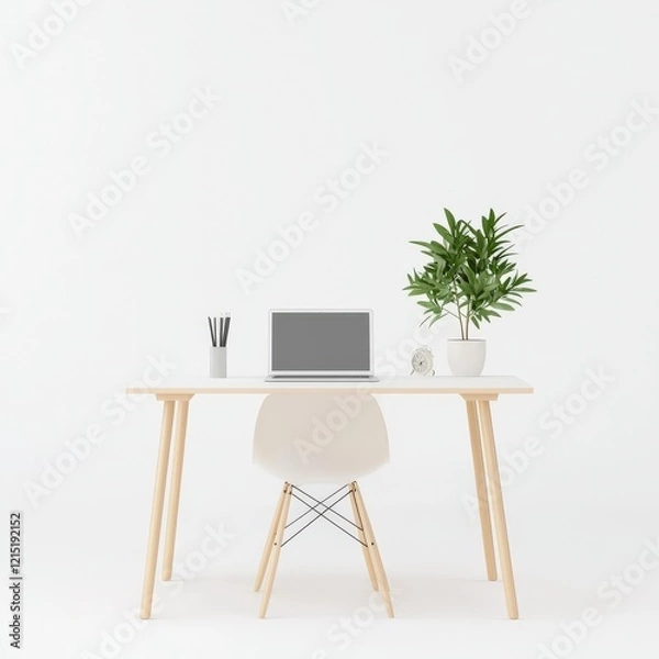 Fototapeta Modern workspace featuring a minimalist desk, laptop, plant, and stylish accessories, perfect for productivity and inspiration.