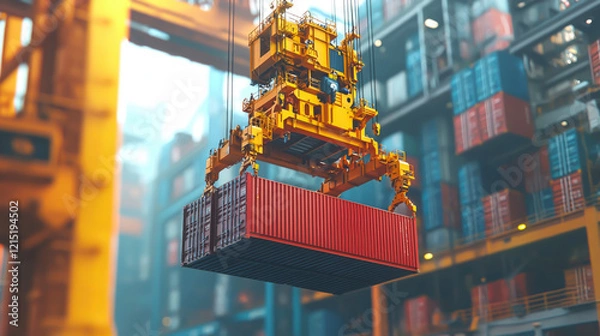 Obraz A container crane is actively lifting a red cargo box at a bustling port, facilitating the transportation of merchandise between large cargo ships and shore
