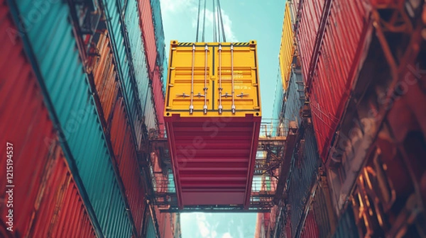Fototapeta A container crane hovers over a busy port, lifting a brightly colored cargo container surrounded by towering shipping containers
