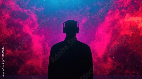 Fototapeta A silhouette of a person wearing headphones stands against a vibrant, colorful cosmic background, creating a sense of immersion in music and exploration.