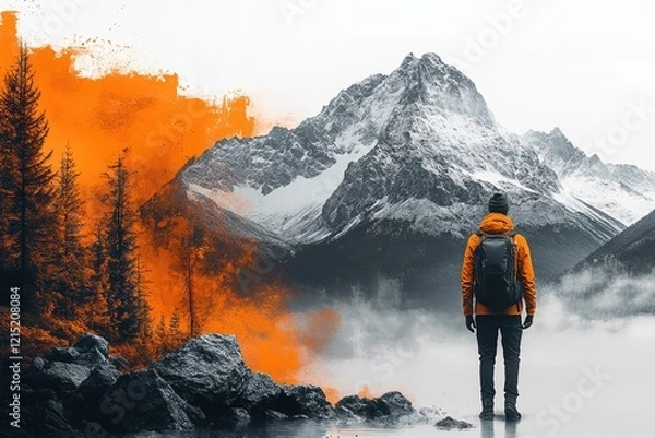 Fototapeta Mountain landscape with a person gazing at a creatively edited fiery orange backdrop