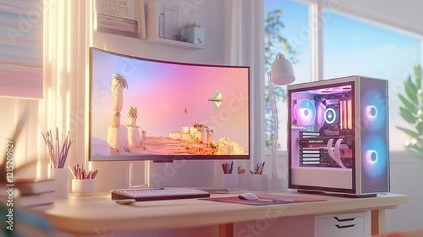 Fototapeta Dreamlike Desktop Setup With Modern PC and Curved Monitor
