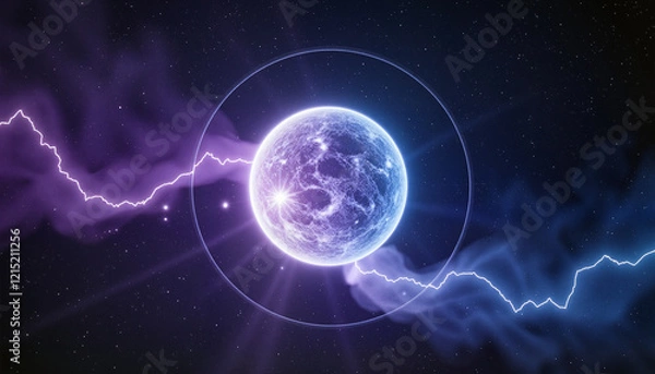 Fototapeta Glowing celestial planet amid cosmic map with faint orbits and colorful background