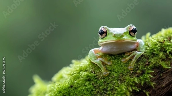 Fototapeta A vibrant frog sits on moss, its eyes glistening with curiosity against a blurred green background.
