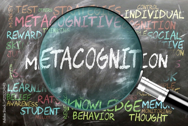 Fototapeta Metacognition being studied, examined - under close inspection. Most important subjects and ideas closely related to metacognition. ,3d illustration