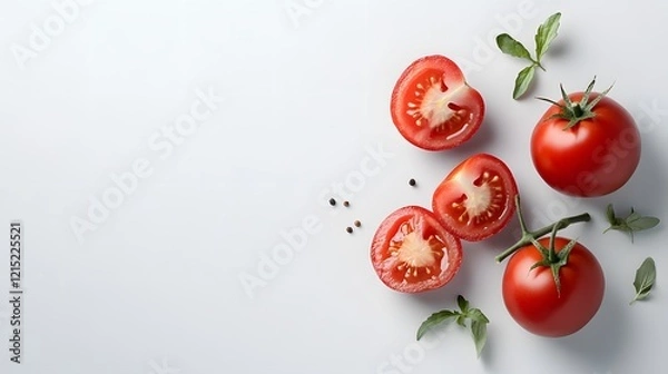 Fototapeta Sliced tomatoes, basil, peppercorns on white background.  Recipe, food blog, website banner