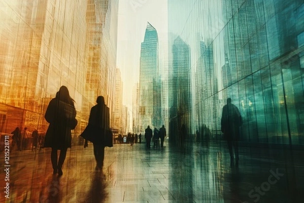 Fototapeta Urban cityscape silhouettes with people walking in a modern metropolis during golden hour light