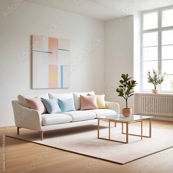 Fototapeta Modern Minimalist Living Room with Pastel Decor and Abstract Wall Art,  Generated with AI.