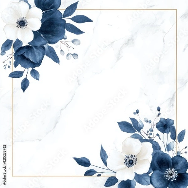 Fototapeta Elegant Blue and White Floral Frame Design on Marble