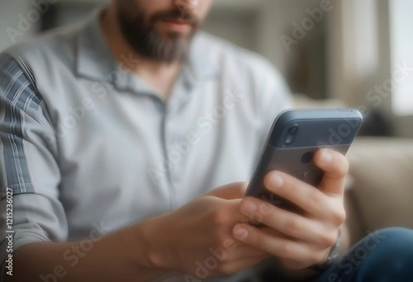 Fototapeta A man in a casual shirt using a smartphone, representing modern communication and mobile technology in a relaxed environment.