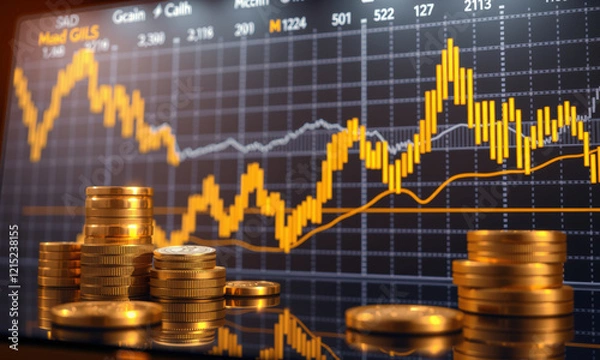 Fototapeta Investing in gold with coins and financial charts showing market trends. image captures essence of wealth management and investment strategies