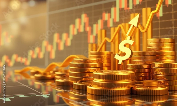 Fototapeta Golden coins and financial growth chart with dollar symbol, representing investment and wealth