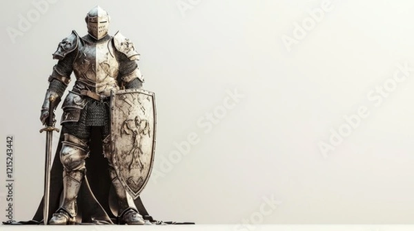 Obraz A knight clad in shining armor stands tall with a sword in one hand and a shield in the other, showcasing bravery in a fantasy setting with ample space for text