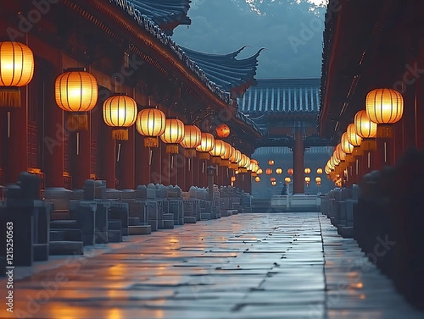 Fototapeta Serene pathway lined with glowing lanterns in an ancient Asian temple.  Perfect for travel, culture, or serenity themes. Evokes peace, history, and tradition.