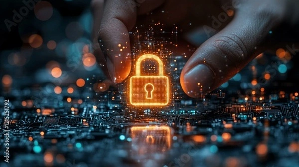 Obraz A digital hand holding a glowing padlock, symbolizing the security of data and systems in the digital age. 87