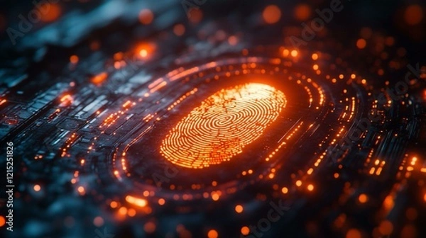 Obraz A secure digital identity system, with a fingerprint scanner, facial recognition, and encryption layers protecting personal data. 93