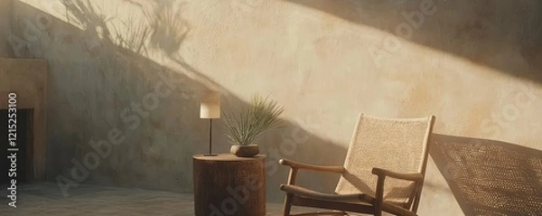 Fototapeta A serene interior space featuring a wooden chair, a small table with a plant, and soft sunlight casting shadows on a textured wall.