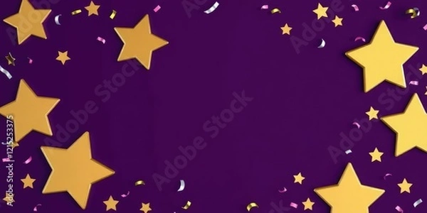 Fototapeta Confetti Stars with Golden Edges on a Dark Purple Background, festive colors, snowy landscape