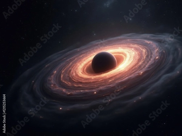 Fototapeta Visualization showcases a black hole surrounded by swirling gas and dust in deep space, emitting glowing energy in the cosmos