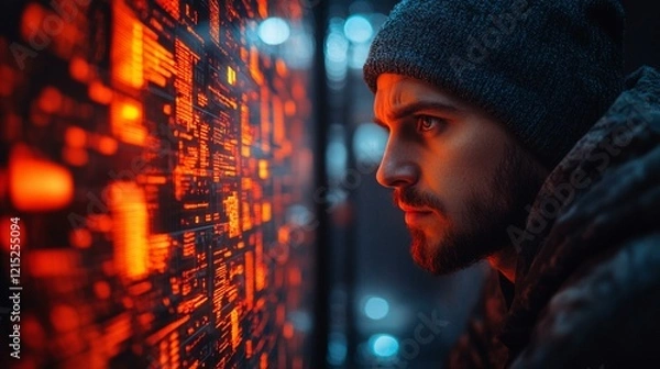 Obraz A digital hacker attempting penetration testing on a company’s firewall, bypassing security layers. 401