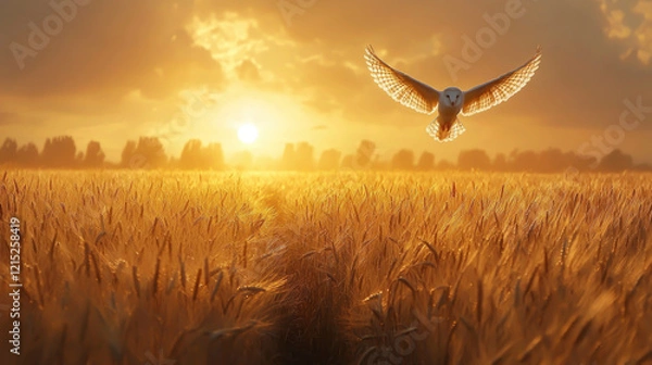 Obraz A barn owl is flying low over a vibrant golden wheat field at sunset. The sky is filled with warm hues, creating a tranquil atmosphere