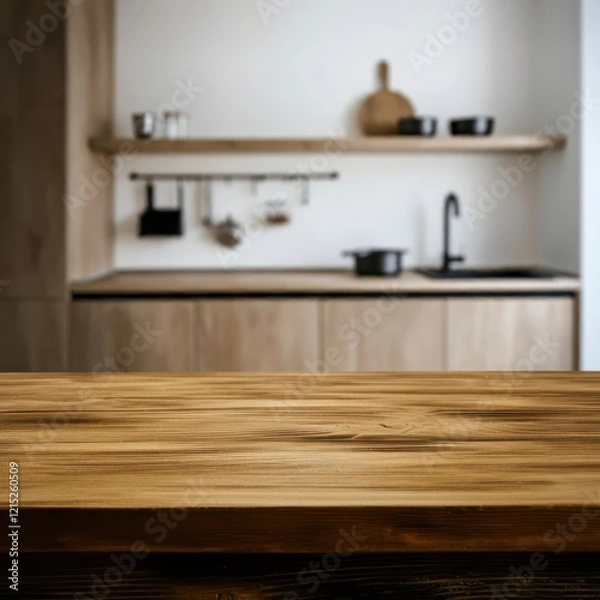 Fototapeta Wooden table surface in foreground, blurred modern kitchen background, minimalist kitchen design, neutral color palette, floating wooden shelf, stainless steel sink, cooking utensils hanging, ceramic 