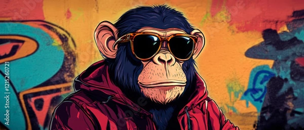 Fototapeta illustration of a chimpanzee wearing sunglasses and red hoodie in urban street art style against colorful graffiti backdrop. Generative AI