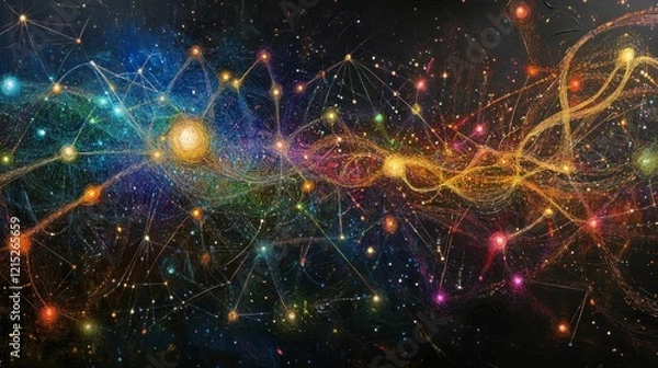 Fototapeta Network of glowing orbs connected by lines on dark.