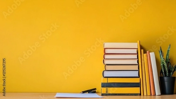 Obraz A stack of neatly arranged books on a desk against a yellow background with a pen and plant