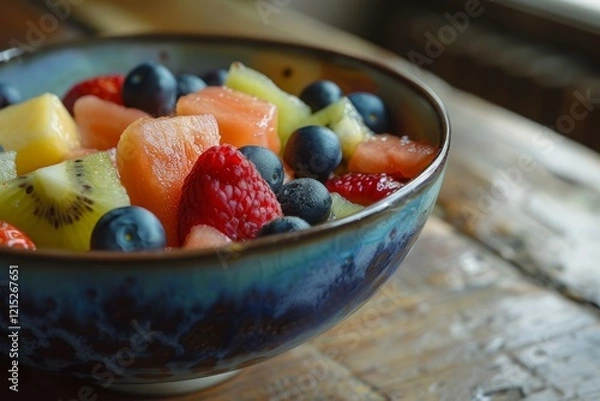Fototapeta Fresh fruit salad with blueberries, raspberries, strawberries, kiwi, pineapple, and watermelon in a bowl