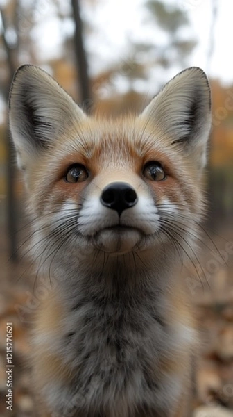 Fototapeta Close-up portrait of a red fox in autumn forest.