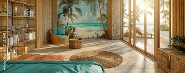 Fototapeta A bedroom with natural bamboo paneling