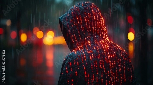 Obraz A young person sitting at a computer, using easy-to-access hacking tools to launch an attack on a website. 386