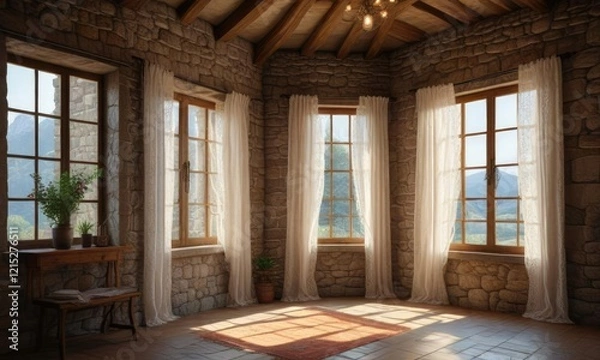 Fototapeta Cozy interior of a rustic stone building with white framed windows and lace curtains, relaxation, stone