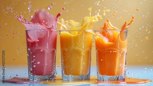 Obraz Three glass full of fresh juice of different flavors placed in front of yellow colored background
