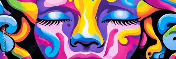 Fototapeta A Vibrant Abstract Face in Rainbow Hues - Symbolizing serenity, imagination, energy, expression, and inner peace, this vibrant abstract artwork depicts a face with closed eyes,  in a kaleidoscope of r