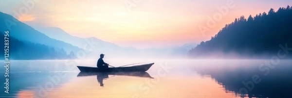 Fototapeta Serenity on the Lake at Dawn - A lone figure in a small boat peacefully fishes on a calm lake at sunrise, surrounded by misty mountains.
