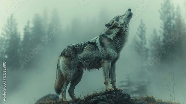 Obraz A perfect closeup of a wolf standing in foggy weather in jungle seeing upwards