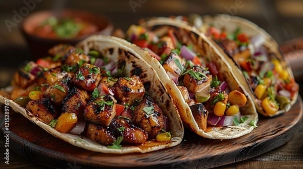Fototapeta Closeup of delicious tacos stuffed with chicken chunks corns tomatoes and onion topped with fresh parsley placed on round wooden board