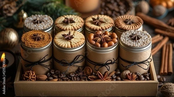 Fototapeta Different metal jars filled with biscuit cookies served with coffee beans placed on wooden box