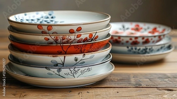 Fototapeta Beautiful set of hand painted ceramic empty plates placed on wooden table