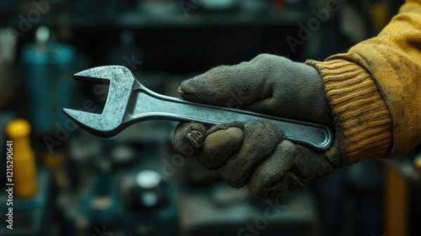 Fototapeta Worker's Gloved Hand Holding Adjustable Wrench in Workshop Setting