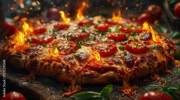 Fototapeta A delicious oven baked pizza with crispy crust topped with tomato slices and herbs placed on wooden table