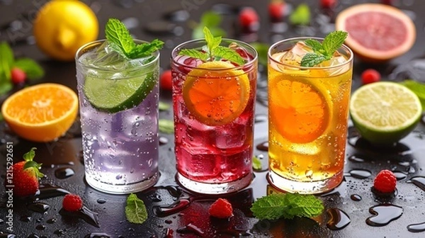Obraz Refreshing different soft drinks served in glasses topped with mint leaves placed on dark table full of fresh lemons oranges and berries