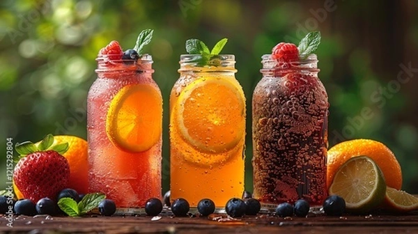 Fototapeta Beautiful three glass jars filled with fruit cocktails and slices of fresh lemon in it topped with some mint leaves served with some blue berries strawberry and oranges placed on wooden table