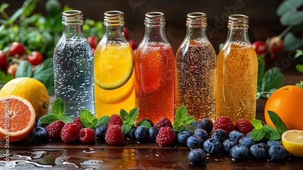 Fototapeta Beautiful glass bottles filled with different fresh juices served with some blue berries raspberries and half cut citrus fruit placed on watery surface of wooden table