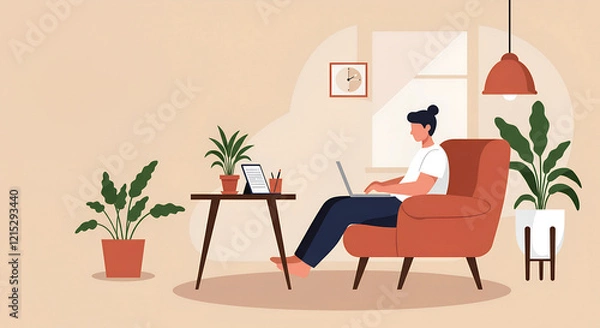 Fototapeta A person sitting in a chair with a laptop in a cozy room with plants and a window.