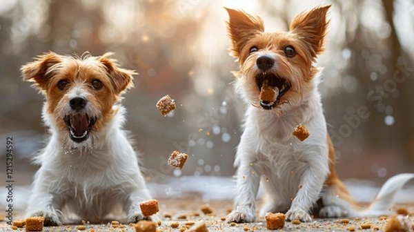 Fototapeta Two cute white and brown dogs sitting in snowy weather in front of blur background