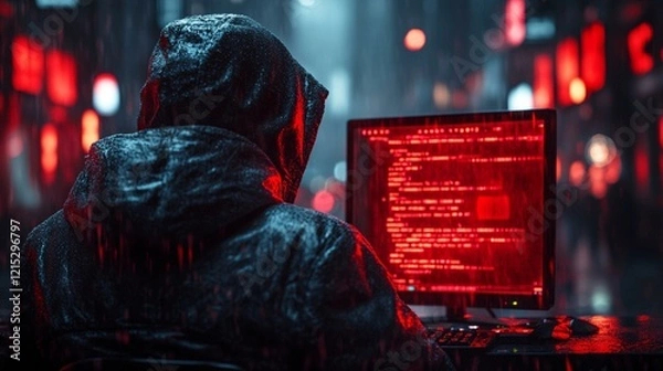 Obraz A concept of a novice hacker using a pre-made script on a computer screen, attempting to infiltrate a vulnerable system. 364