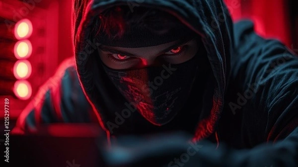 Obraz A hacktivist wearing a mask and working in a dimly lit room, hacking into a corporation’s servers to reveal sensitive data. 453